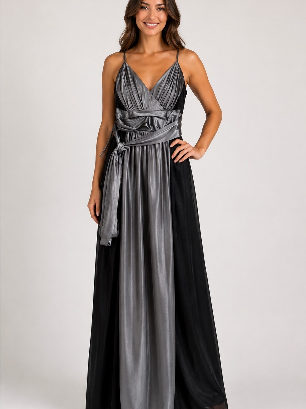 Verso by Anne Bichelmeir Black Gray Satin Formal Maxi Dress Size Large